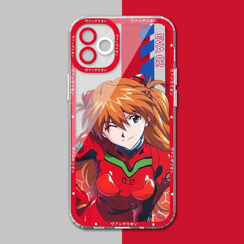 Red and transparent shockproof silicone phone case featuring neon genesis evangelion eva 02 anime character and japanese text
