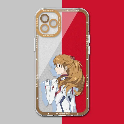 Clear shockproof silicone phone case featuring asuka langley soryu anime art in red white with gold text neon genesis evangelion
