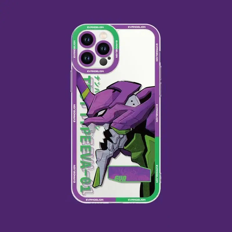 Neon genesis evangelion eva phone case with purple and green design shockproof silicone clear glossy finish back view