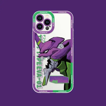 Neon genesis evangelion eva phone case with purple and green design shockproof silicone clear glossy finish back view