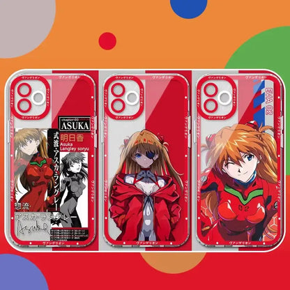 Three red transparent shockproof silicone phone cases featuring asuka langley soryu from neon genesis evangelion with unique designs