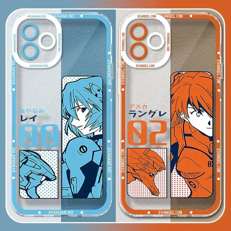 Two neon genesis evangelion shockproof silicone phone cases feature blue ayanami rei and orange asuka langley designs
