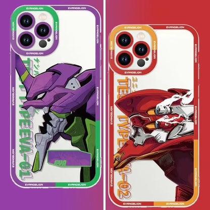 Two neon genesis evangelion shockproof silicone phone cases featuring purple eva-01 and red eva-02 designs