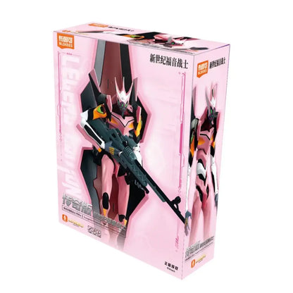 Neon genesis evangelion eva test model figure in pink and black with orange shoulder accents in a detailed pose