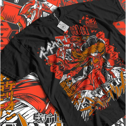 Black neon genesis evangelion eva unit 01 cotton crew neck t-shirt with bold red and white anime graphic and japanese text