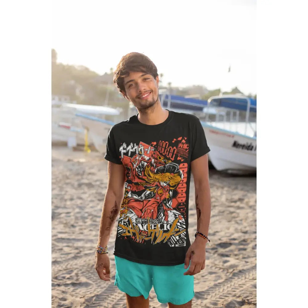 Black short-sleeved cotton crew neck t-shirt with vibrant red and orange eva unit anime graphic and sangre print
