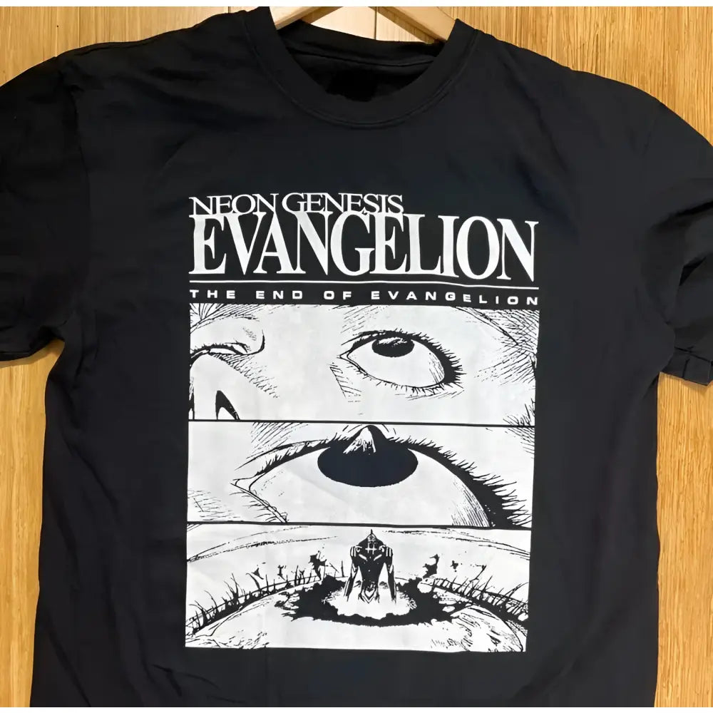 Black cotton crew neck t-shirt featuring a white genesis evangelion eye graphic from the end of evangelion poster design