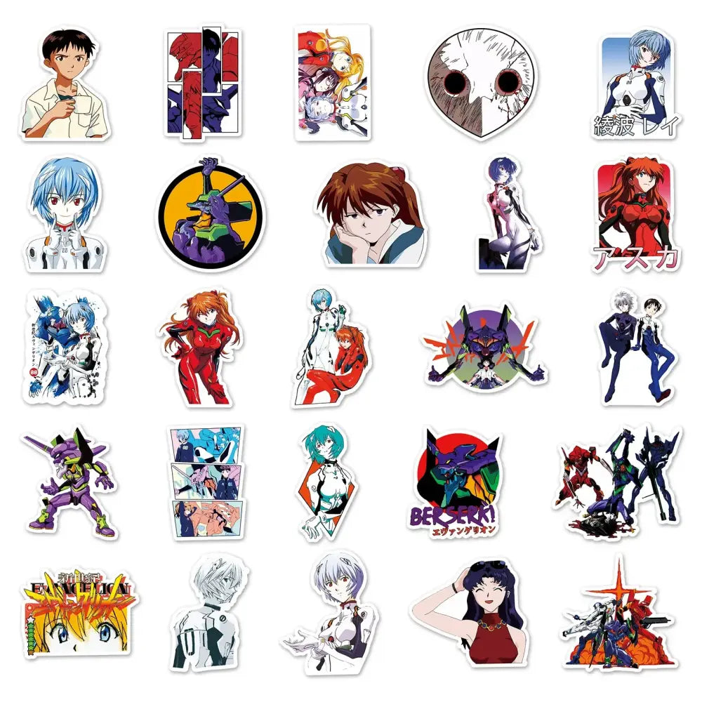Collection of colorful die-cut neon genesis evangelion graffiti sticker set featuring 50pcs anime designs