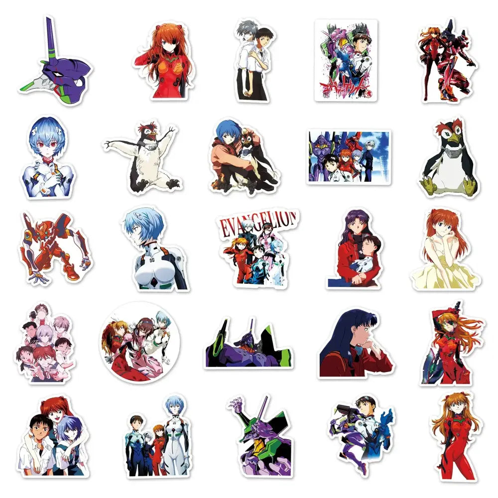 A colorful neon genesis evangelion graffiti sticker set featuring 50 die-cut stickers of characters and mechs
