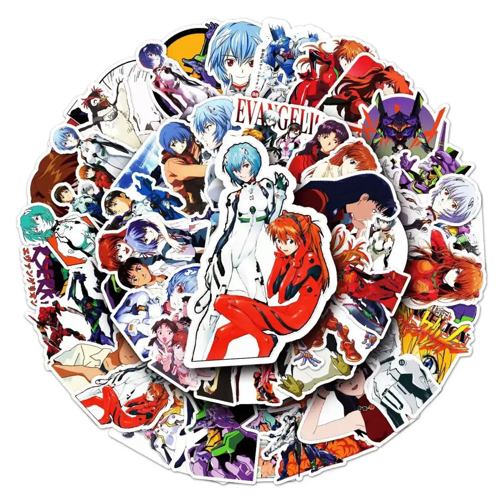 Neon genesis evangelion graffiti sticker set featuring 50 vibrant anime stickers in bold red blue white and purple glossy colors