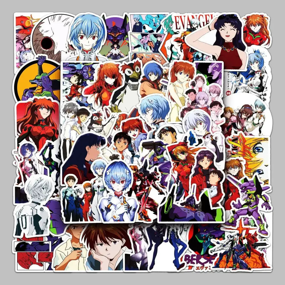 A vibrant neon genesis evangelion graffiti sticker set with 50 pcs featuring bold red, blue, purple, and white colors