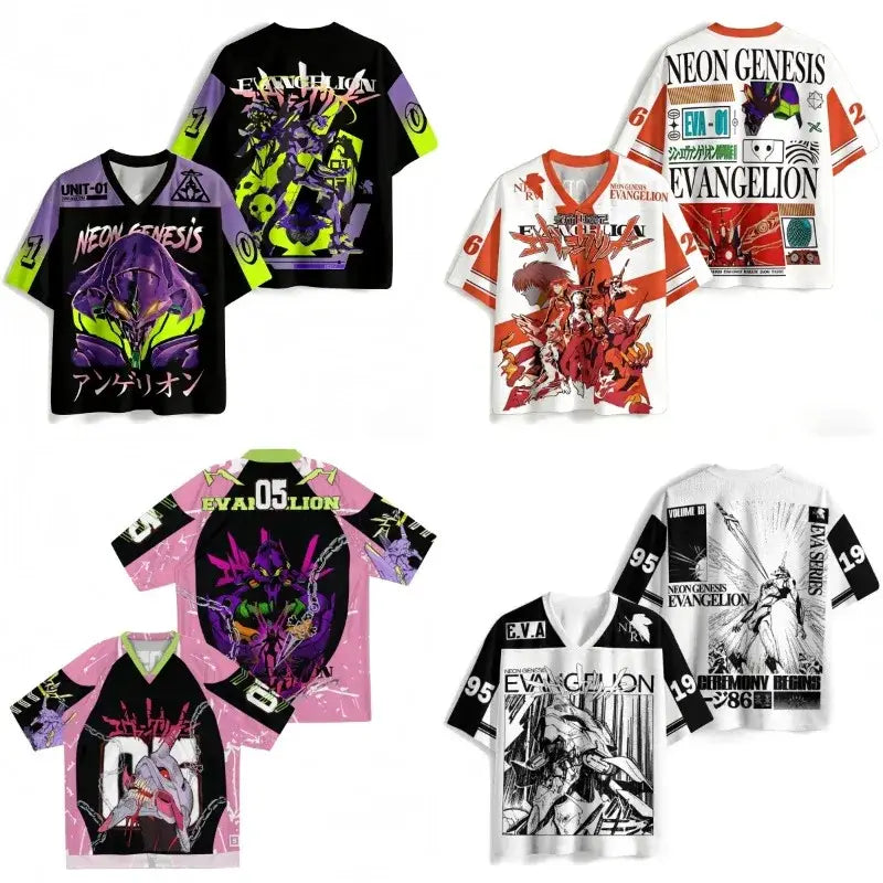 V-neck short-sleeved neon genesis evangelion jersey with vibrant 3d print anime artwork and bold color design