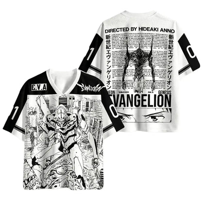 White and black neon genesis evangelion jersey with 3d eva unit print and directed by hideaki anno text on back
