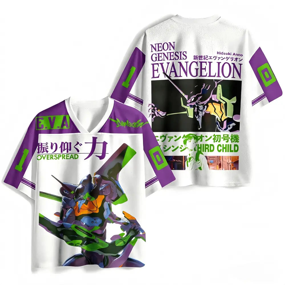 White short-sleeved v-neck neon genesis evangelion jersey with purple and green eva unit-01 3d print design