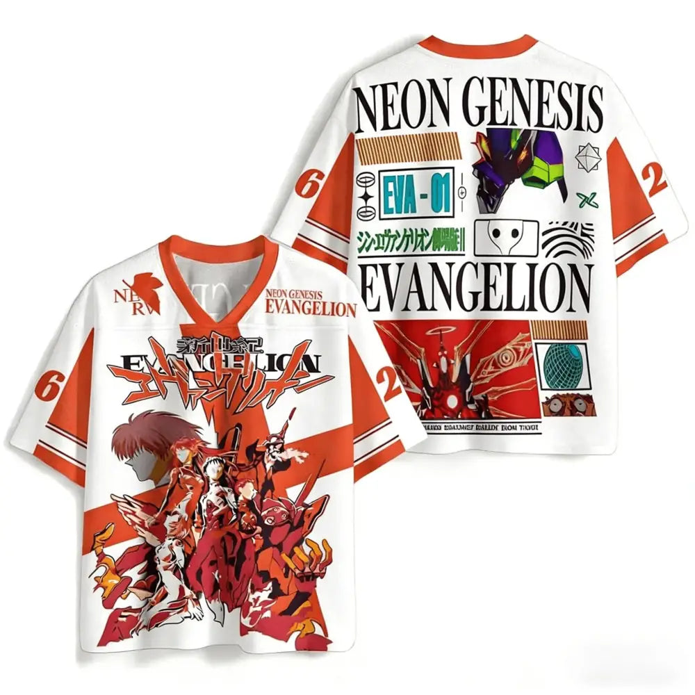 White short-sleeved v-neck neon genesis evangelion jersey with orange trim and 3d print anime graphics front and back