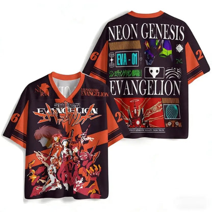 Black and orange short-sleeved v-neck genesis evangelion jersey with 3d print anime artwork in red white and purple