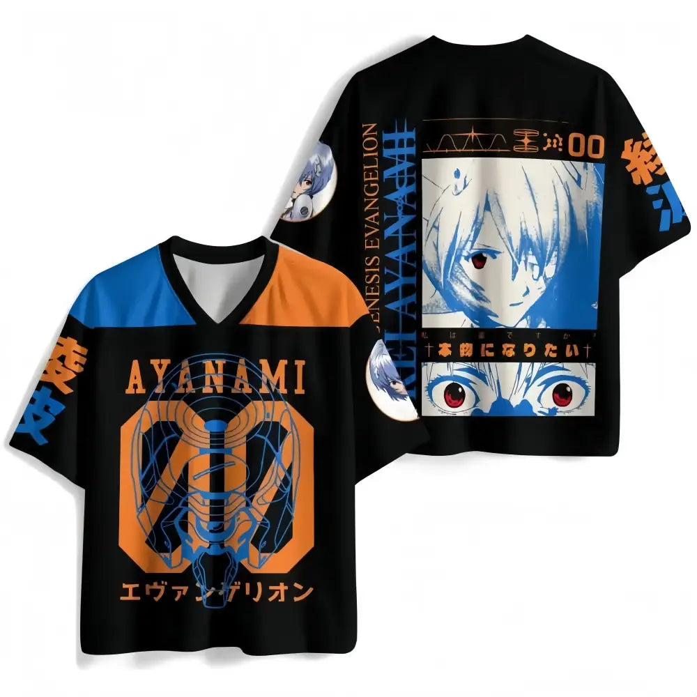 Black short-sleeved v-neck neon genesis evangelion jersey with vibrant orange and blue 3D print character graphics