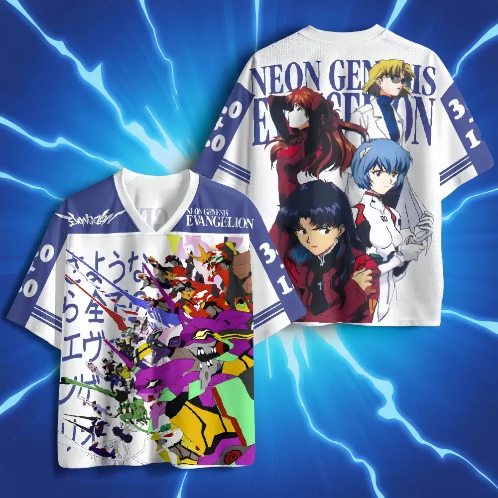 White short-sleeved neon genesis evangelion jersey with vibrant anime artwork and 3d print oversized v-neck design