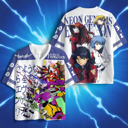 White short-sleeved neon genesis evangelion jersey with vibrant anime artwork and 3d print oversized v-neck design