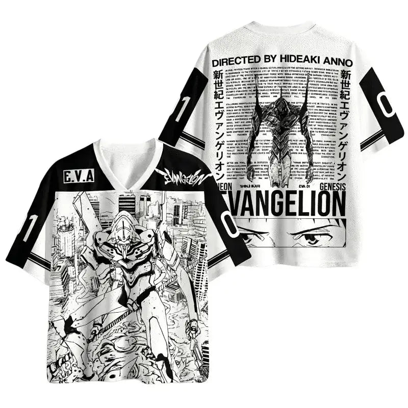 White and black short-sleeved neon genesis evangelion jersey with 3d print oversized v-neck and bold evangelion lettering