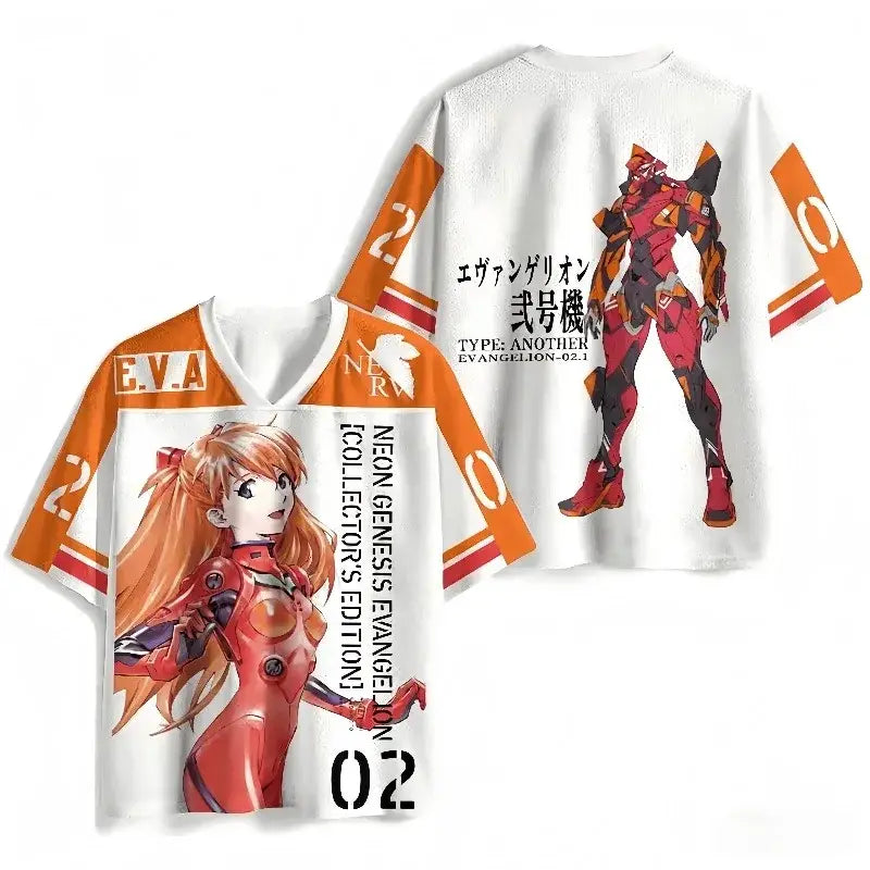 White short-sleeved neon genesis evangelion jersey with vibrant orange and red anime graphics and japanese script