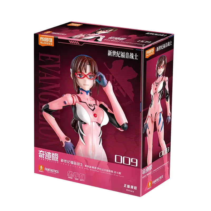 Pink and white neon genesis evangelion mari assembled figure in articulated pvc suit with red goggles and detailed design
