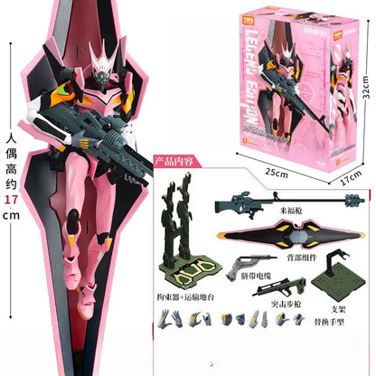 Neon genesis evangelion mari makinami action figure in pink and black holding a rifle with green eyes assembled edition