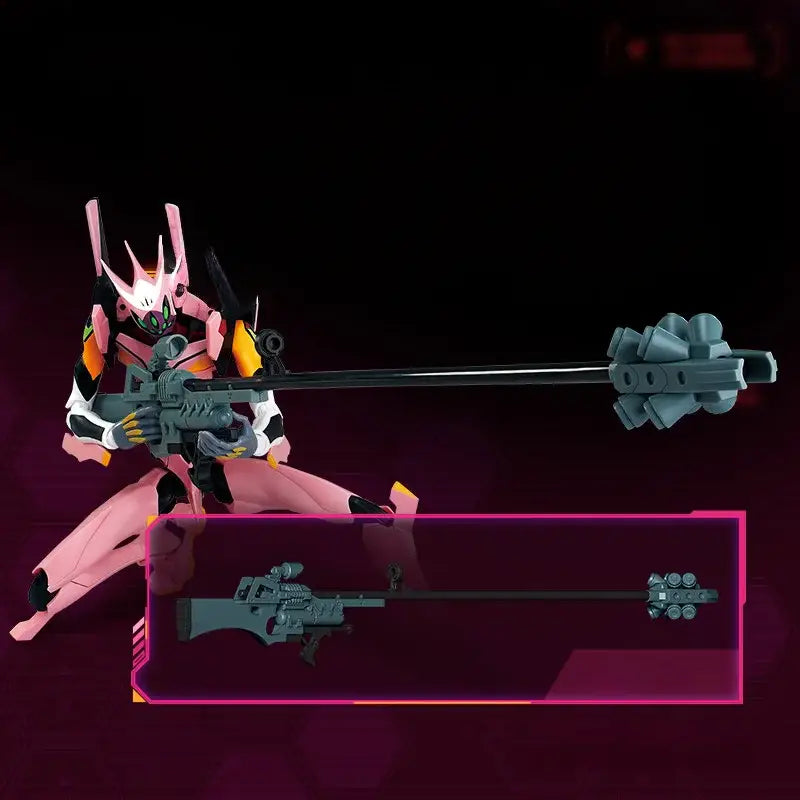Neon genesis evangelion mari makinami action figure in pink and black holding a long-barreled sniper rifle