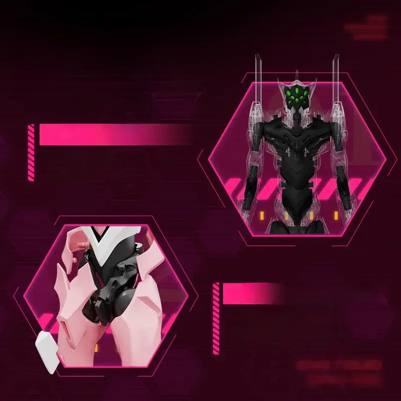 Black and translucent neon genesis evangelion mari makinami action figure with glowing green eyes in pink hexagonal frame