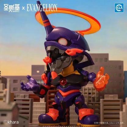 Purple and orange neon genesis evangelion q edition build box assembling figure with sleek stylized design