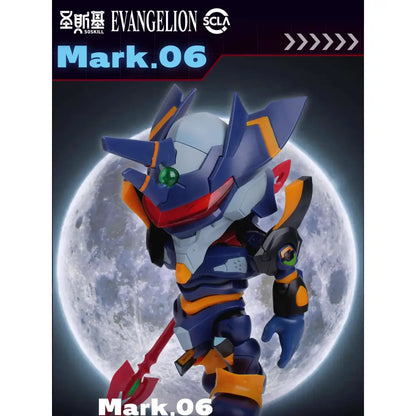 Blue and orange neon genesis evangelion mark 06 edition build box figure with green eyes holding red weapon at moonlit backdrop