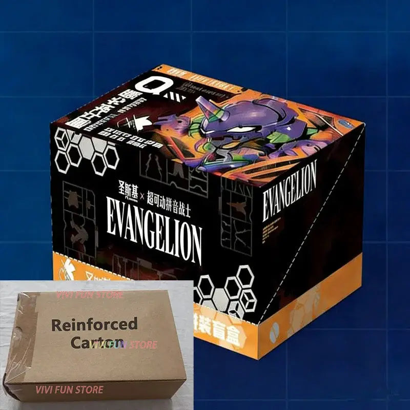 Black and orange cardboard neon genesis evangelion edition build box featuring a purple and green evangelion unit figure