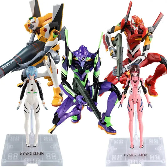 A collection of vibrant neon genesis evangelion assembled figures featuring detailed yellow white purple green red black white and pink models