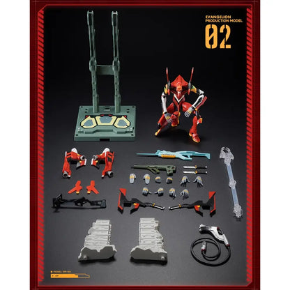 Red and white neon genesis evangelion unit-02 assembled figure model toy with articulated joints and detailed armor plating
