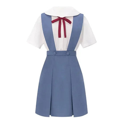 Neon genesis evangelion rei ayanami school uniform dress with blue pleated skirt white blouse navy suspenders and red ribbon tie