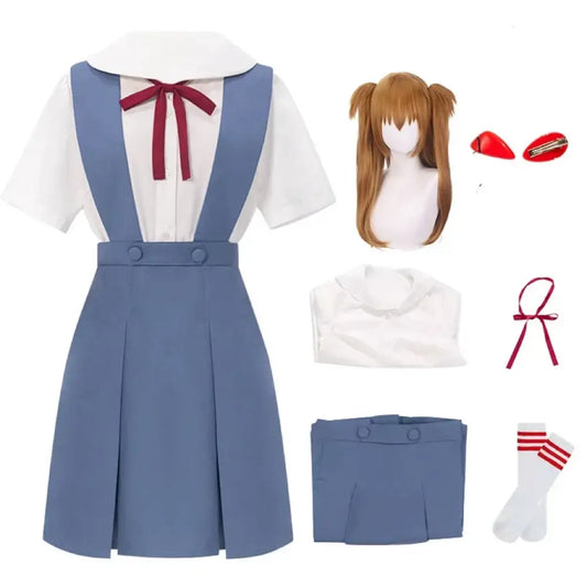 Blue pleated skirt with white blouse and red ribbon tie neon genesis evangelion rei ayanami school uniform dress