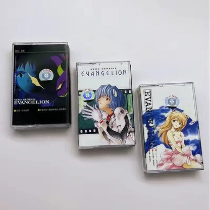 Three clear plastic neon genesis evangelion rei cassette tapes featuring vibrant anime character artwork