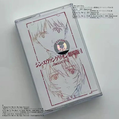 Clear plastic rei cassette tape case with white and red neon genesis evangelion anime illustration and japanese text