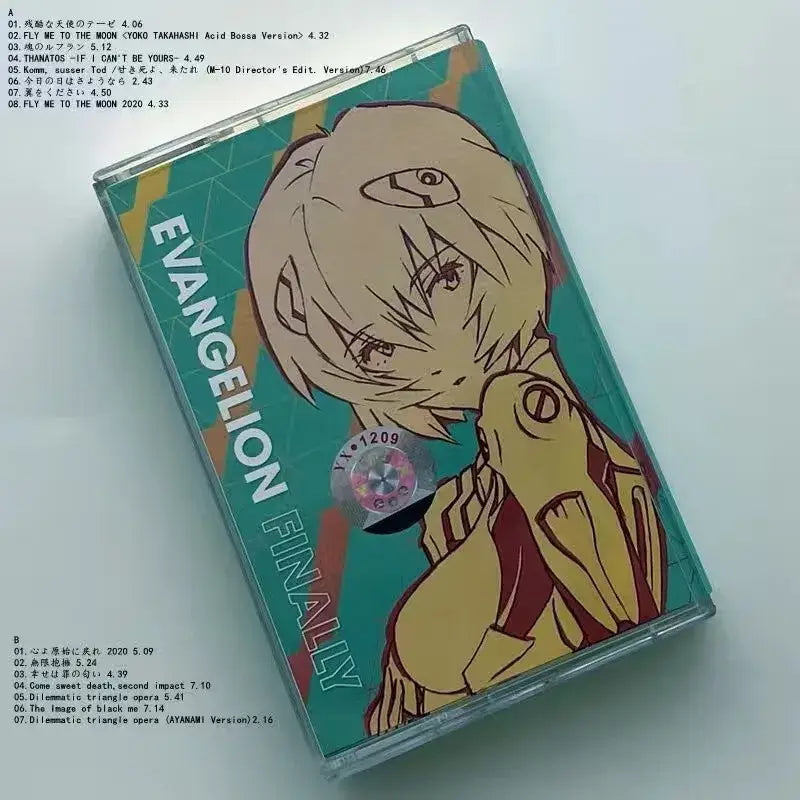 Teal and gold neon genesis evangelion rei cassette tape featuring a stylized evangelion character illustration
