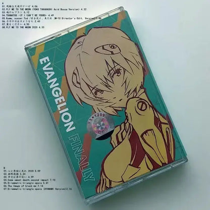 Teal and gold neon genesis evangelion rei cassette tape featuring a stylized evangelion character illustration