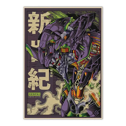 Purple and green neon genesis evangelion shinji canvas self-sticker poster with bold japanese characters and vintage design