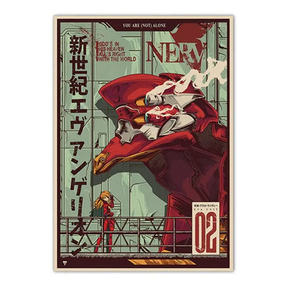 Red and white evangelion unit-02 poster with japanese text nerv logo and small red figure for neon genesis evangelion shinji canvas self-sticker