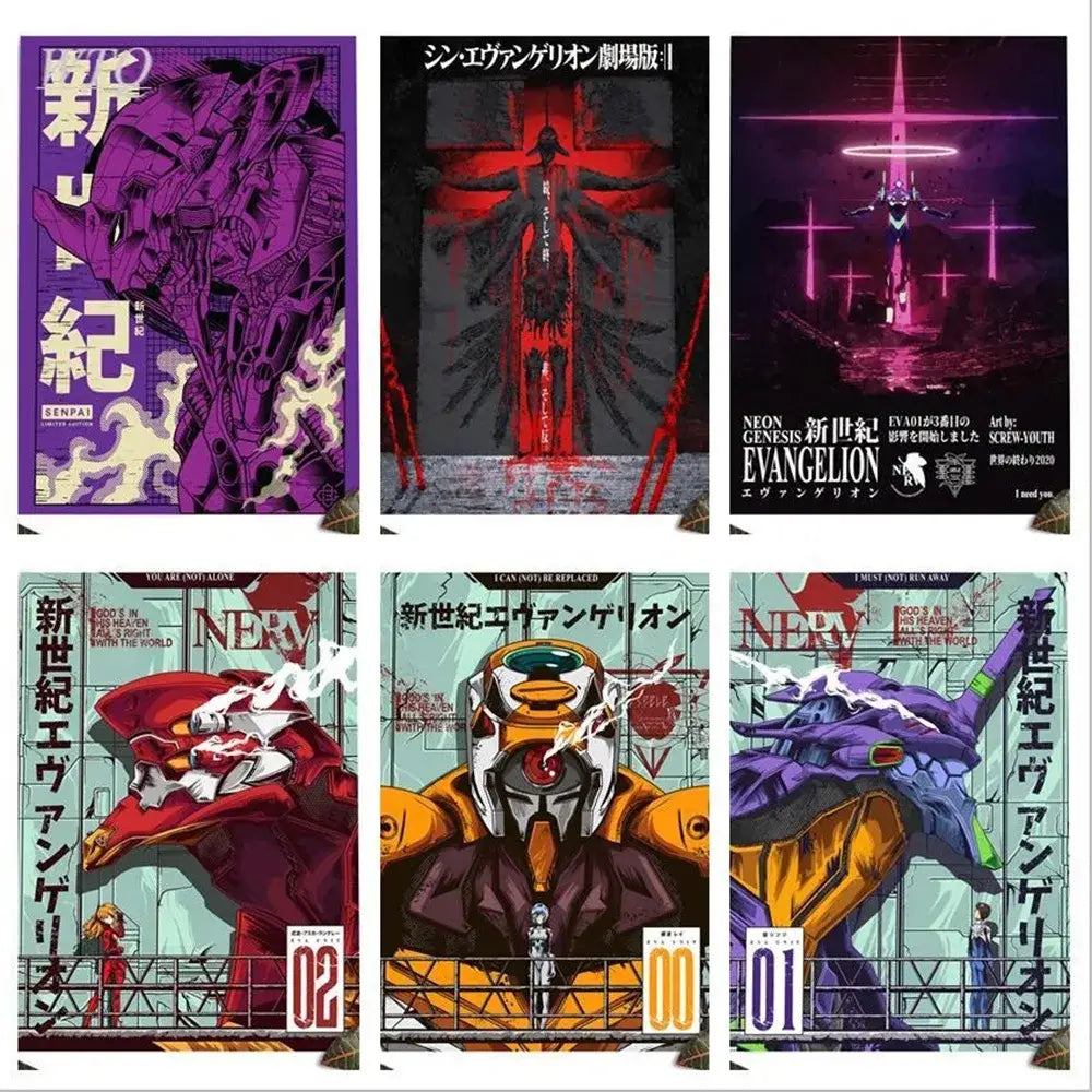 Six vibrant neon genesis evangelion shinji canvas self-sticker posters featuring bold purple red orange and blue designs