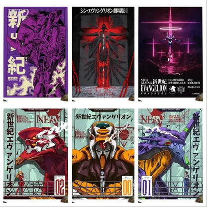 Six vibrant neon genesis evangelion shinji canvas self-sticker posters featuring bold purple red orange and blue designs