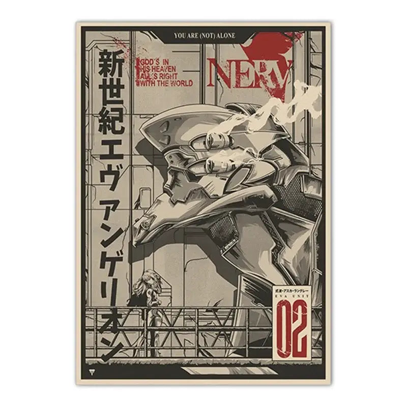 Stylized neon genesis evangelion shinji canvas self-sticker featuring metallic silver evangelion unit-02 mecha with red accents