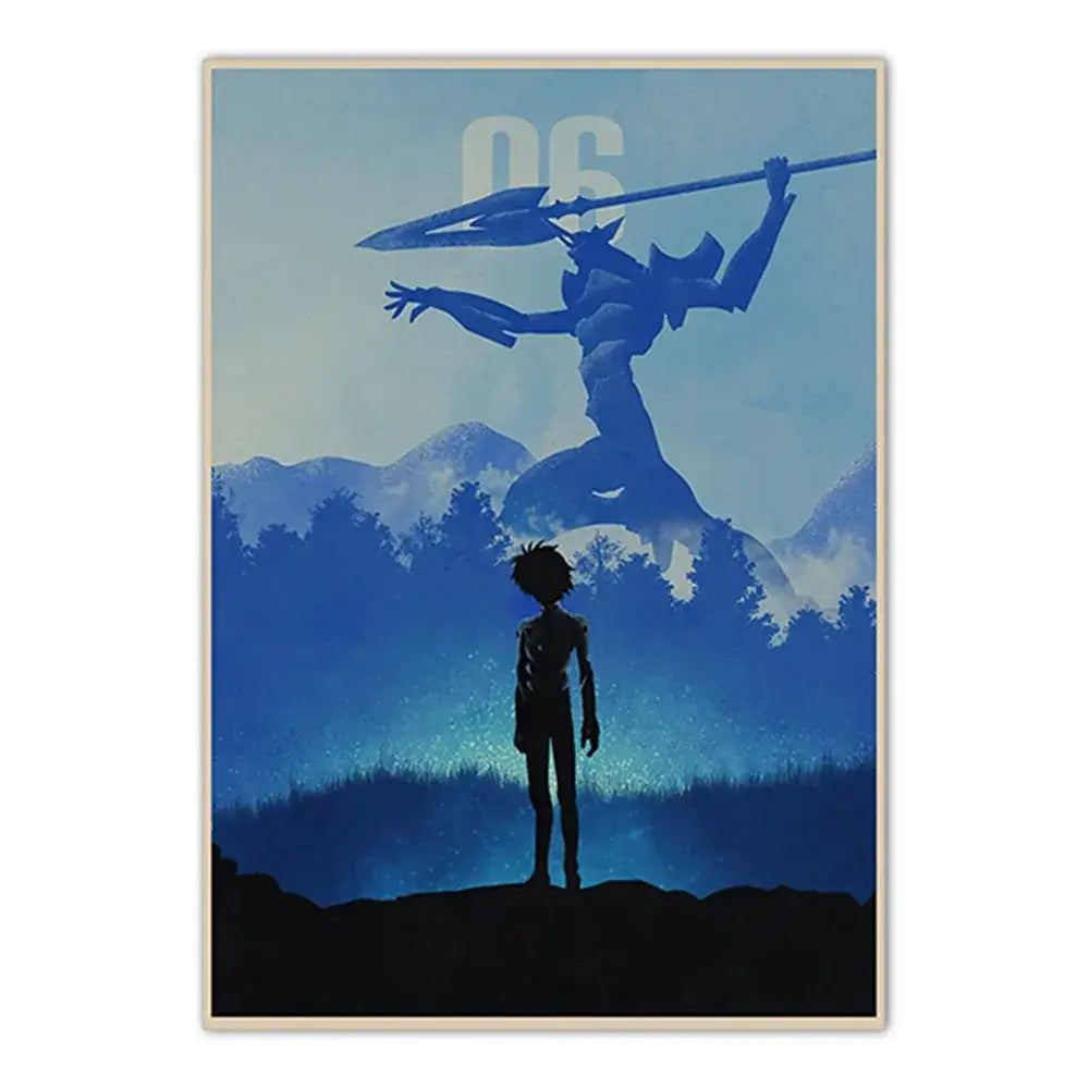 Blue-toned neon genesis evangelion shinji canvas self-sticker showing silhouette of boy and spear-wielding figure