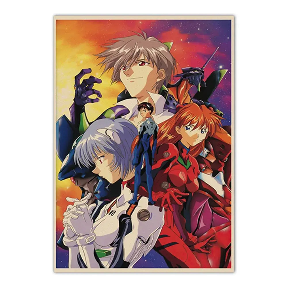Vibrant neon genesis evangelion shinji canvas self-sticker featuring dynamic characters in cosmic backdrop