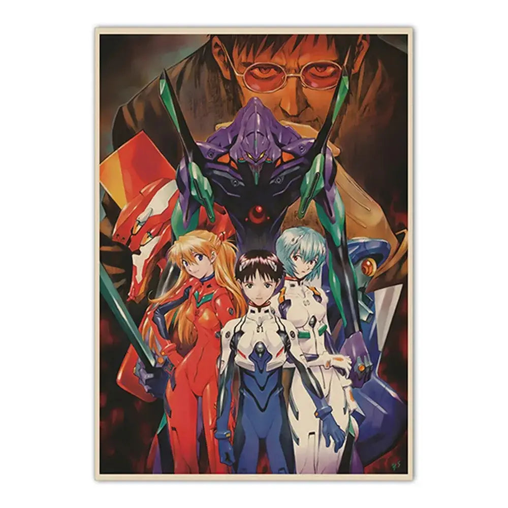 Vintage-style neon genesis evangelion shinji canvas self-sticker featuring purple and green mecha with pilots in colorful plugsuits