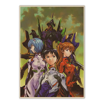 Vintage-style neon genesis evangelion shinji canvas self-sticker featuring characters in mecha pilot suits against cloudy sky