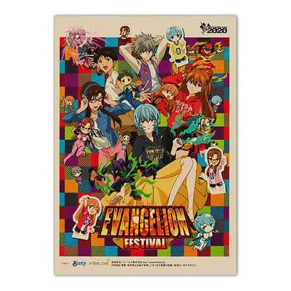 Vibrant multicolored evangelion shinji canvas self-sticker poster with neon genesis evangelion festival title in orange and yellow